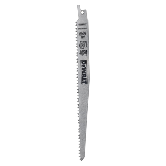 A DEWALT reciprocating saw blade, model DT2352, made of metal with visible teeth along one edge. The blade features labeling indicating 5/6 TPI and is designed for cutting wood and metal materials.