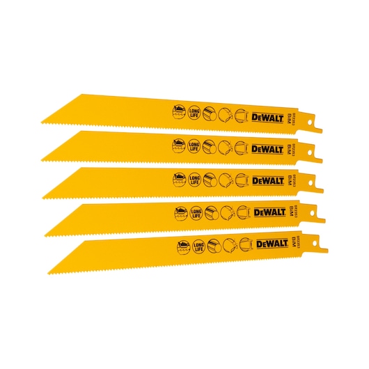 Five yellow DEWALT reciprocating saw blades arranged in a stack, showing product branding and usage icons printed on each blade.