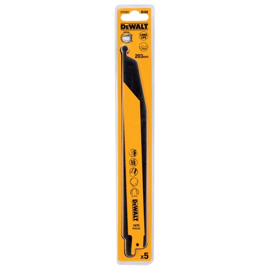 DEWALT DT2354 saw blade pack, 203mm, for metal cutting. Yellow and black packaging, contains 5 blades.