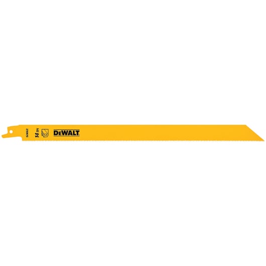 A DEWALT yellow reciprocating saw blade with fine teeth, labeled 14 TPI, suitable for cutting metal or other materials.