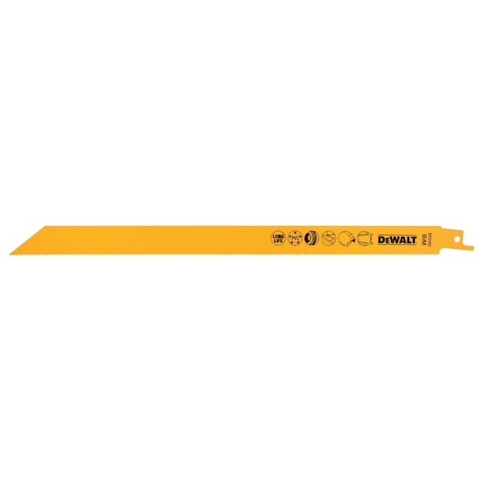 DEWALT DT2355 yellow reciprocating saw blade with icons and brand logo on white background.