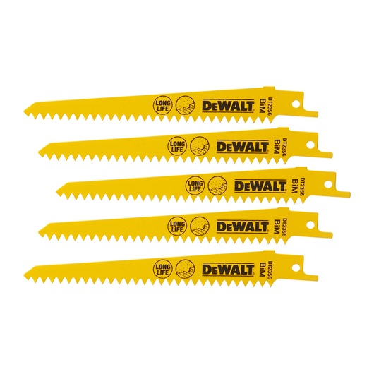 Four yellow DEWALT DT2356 reciprocating saw blades labeled 'LONG LIFE' and 'BIM', arranged in a row.