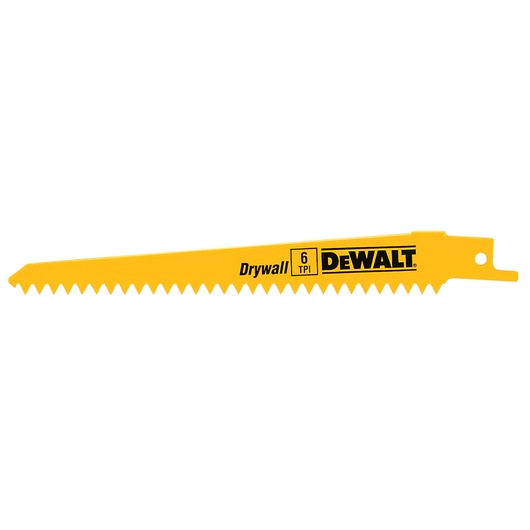 DEWALT yellow drywall saw blade with 6 TPI, showing the brand logo and jagged teeth.