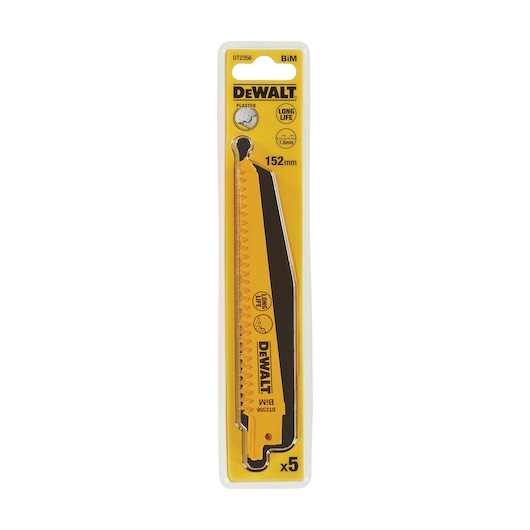 DEWALT DT2356 plaster saw blade pack, 152mm, BiM, yellow-black, blister packaging, contains 5 blades.