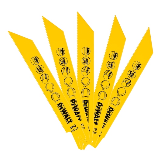 Five yellow DEWALT reciprocating saw blades arranged in a fan shape. Each blade has pointed teeth, DEWALT branding, safety icons, and text indicating long life and metal cutting use.