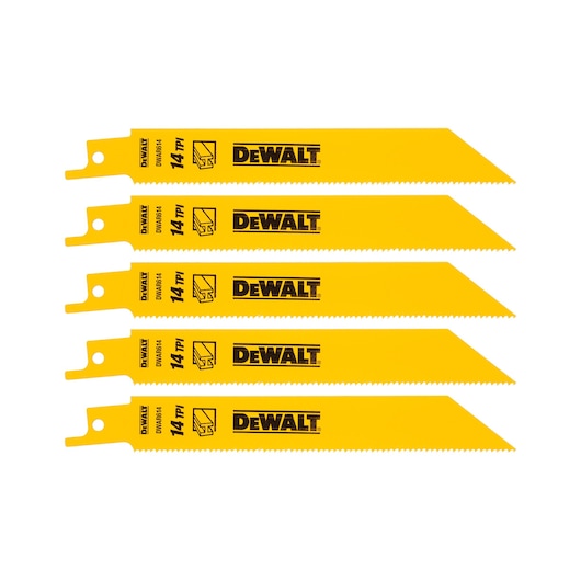 Five yellow DEWALT reciprocating saw blades 14 TPI with angled tips for metal cutting.