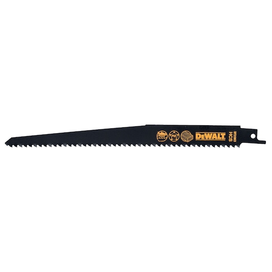 DEWALT DT2363 HCS reciprocating saw blade for wood and PVC, black with yellow branding and sharp teeth.