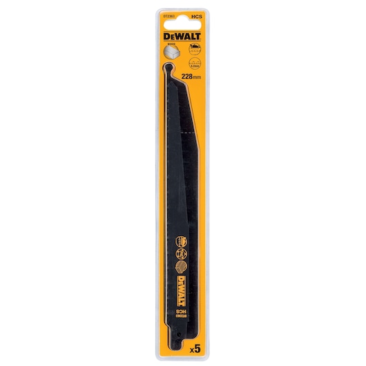 DEWALT DT2363 pack of five wood cutting reciprocating saw blades, 228mm, in yellow and black packaging.