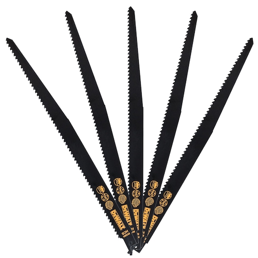 A set of five black DEWALT reciprocating saw blades with yellow logos and markings, displayed in a fanned arrangement on a white background.