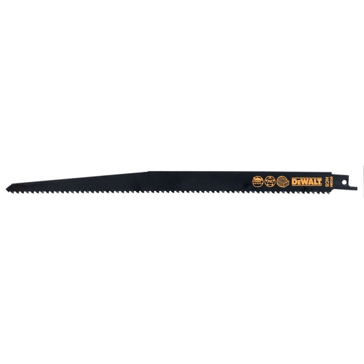 DEWALT DT2364 reciprocating saw blade for wood, black, with sharp teeth and logo on right end.