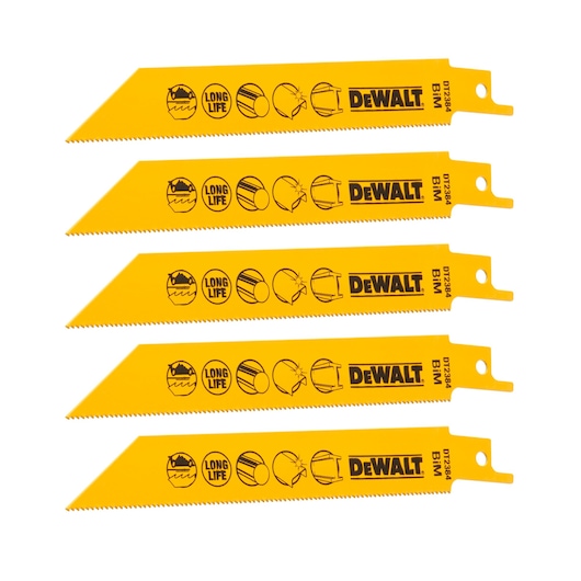 Four yellow DEWALT reciprocating saw blades DT2384, each with black markings showing icons for long life and cutting different materials. The blades are displayed side by side with teeth facing left.