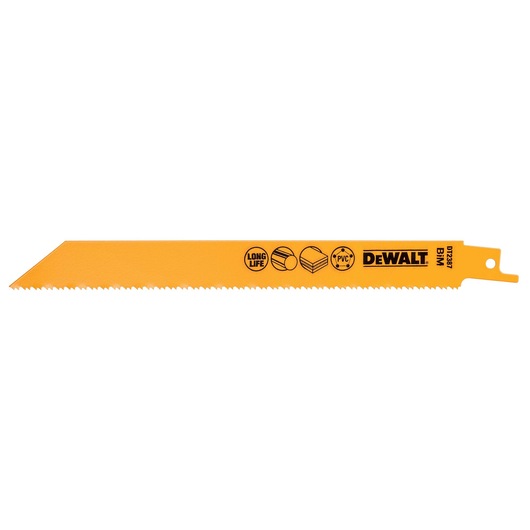 DEWALT DT2387 yellow reciprocating saw blade for cutting metal, wood, and PVC, with long-life icons.