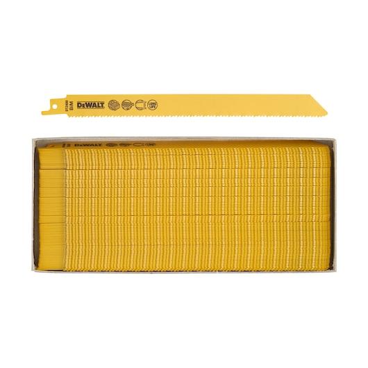 A box containing multiple yellow DEWALT reciprocating saw blades and one blade displayed above the box.