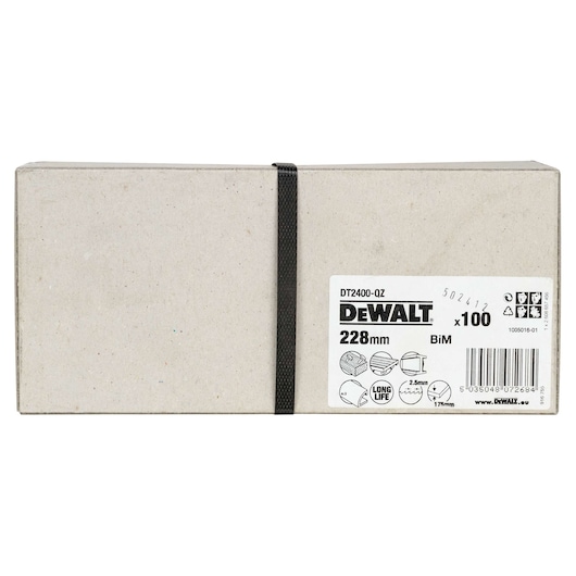 DEWALT DT2400 box, 228mm blades, pack of 100. Plain packaging with product label and barcode.