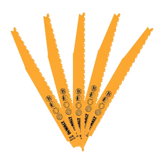 Set of five yellow DEWALT reciprocating saw blades, arranged in a fan shape with visible teeth and printed material icons on each blade.