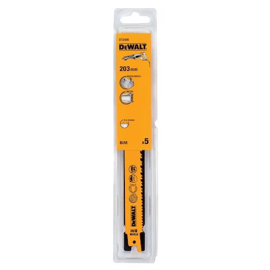 Packaged DEWALT DT2406 reciprocating saw blades, 203 mm length, suitable for cutting wood with nails and metal, contains 5 blades, shown in clear plastic and yellow cardboard packaging.