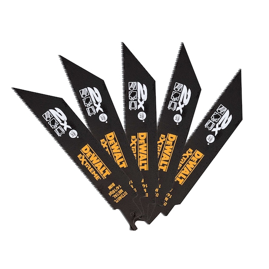 Set of five DEWALT DT2407L black reciprocating saw blades arranged in a fan shape on a white background.