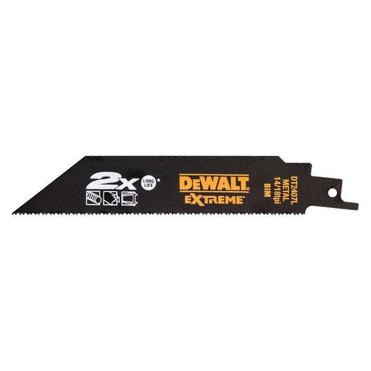 DEWALT Extreme metal saw blade DT2407L with serrated edge and product details printed on black surface.