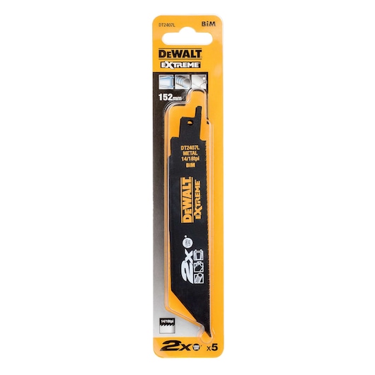 DEWALT DT2407L Extreme metal saw blade, 152mm, BiM, 5-pack, in yellow and black packaging.