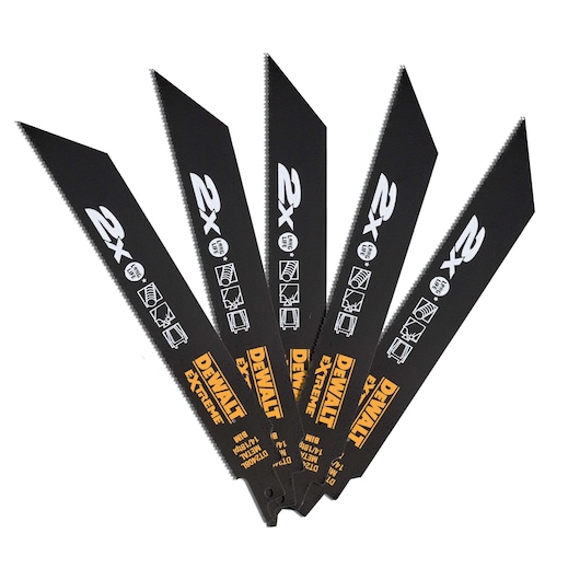 Five black reciprocating saw blades from DEWALT, arranged in a fan shape, with white and yellow text and symbols indicating cutting capabilities for various materials such as metal and wood.