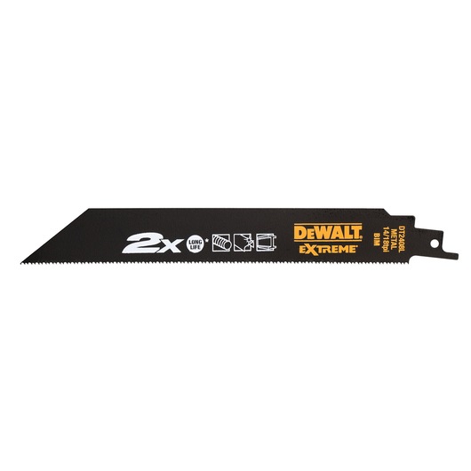 A DEWALT Extreme DT2408L reciprocating saw blade, black in color with white and yellow branding and symbols, designed for cutting metal.