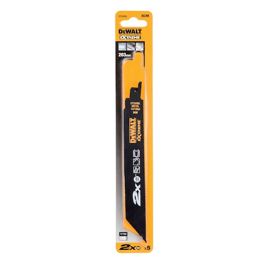DEWALT Extreme DT2408L metal cutting reciprocating saw blade, 203mm, in yellow-black packaging.