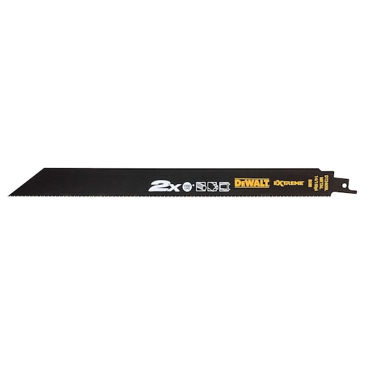 A DEWALT Extreme reciprocating saw blade, black in color, with saw teeth along one edge. The blade features branding, product information, and icons indicating usage for cutting wood and metal. Model number DT2409L is visible.