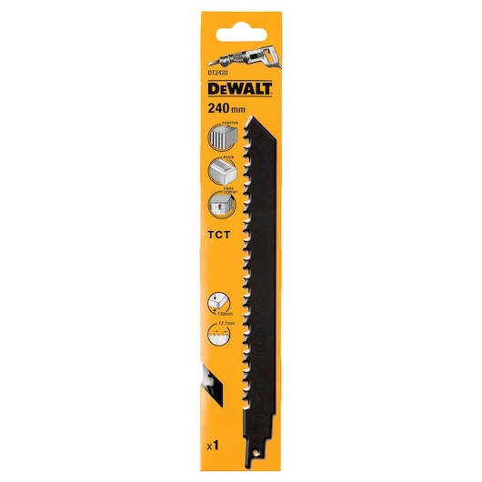 DEWALT DT2420 TCT reciprocating saw blade, 240 mm long, in orange retail packaging. The packaging shows compatibility for cutting poroton, brick, and fibre cement, and includes technical specifications.