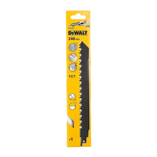DEWALT DT2420 240mm saw blade in yellow packaging, suitable for wood, brick, fiber cement, TCT type.