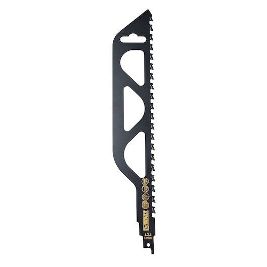 A single black DEWALT saw blade with jagged teeth, designed for use with power tools. The blade features cut-out sections for reduced weight and yellow branding and icons near the base.
