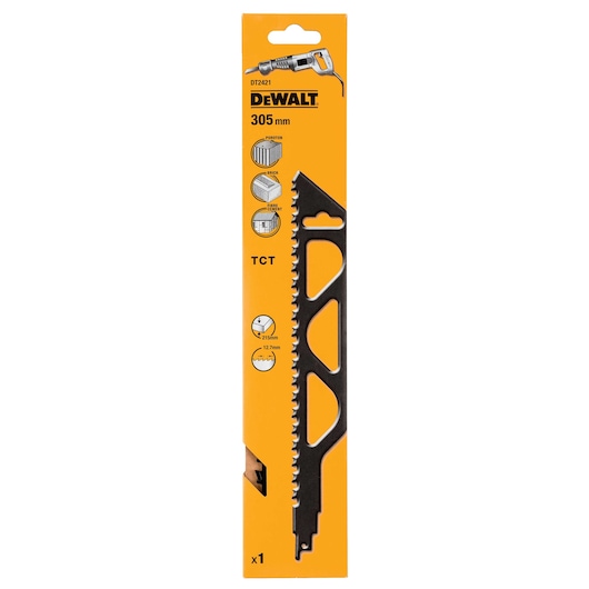 A DEWALT DT2421 305 mm TCT reciprocating saw blade in its packaging. The packaging is yellow with black text and graphics, showing recommended uses for cutting posts, bricks, and grout below. The blade is visible through a window on the right side of the packaging.