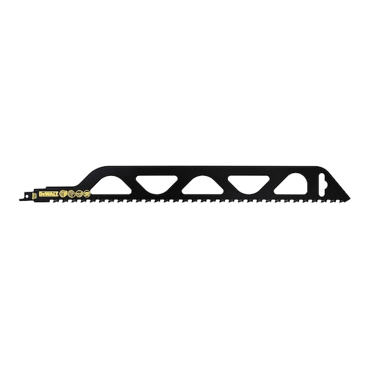 A black DEWALT DT2422 reciprocating saw blade with a geometric cutout design and sharp teeth, shown on a white background.