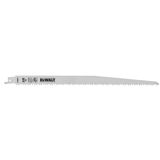 DEWALT DT2432 saw blade with sharp teeth for wood cutting. Silver metal, straight design, labeled with product info.