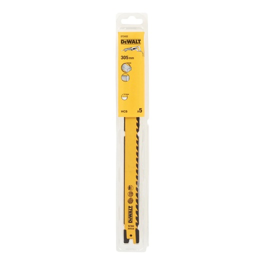 DEWALT DT2432 pack of 5 yellow reciprocating saw blades, 305mm, in clear and yellow packaging.