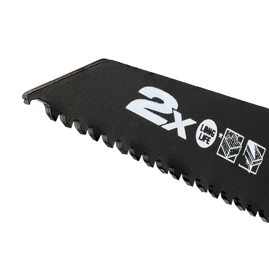 Close-up of a DEWALT DT2441L saw blade with teeth and white printed durability icons on its surface.