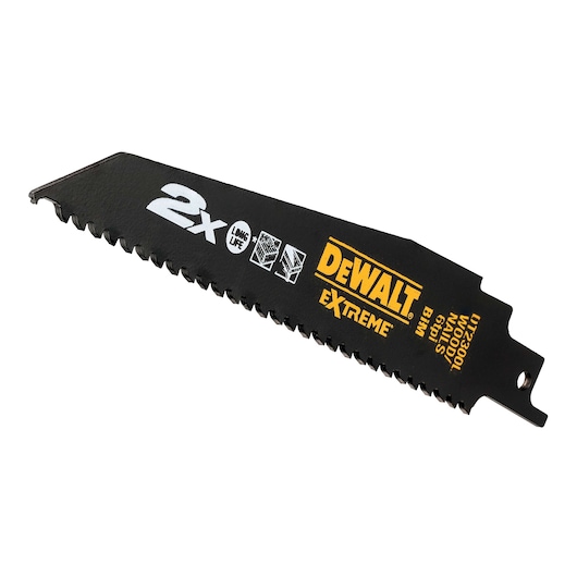 DEWALT DT2441L Extreme saw blade for wood, black with yellow logo and specifications, toothed edge visible.
