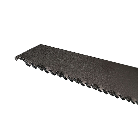 Close-up of a black saw blade with serrated teeth against a white background.