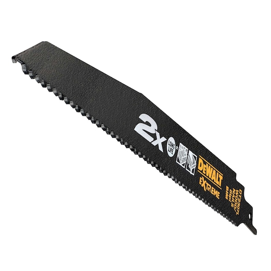 DEWALT DT2441L black reciprocating saw blade with logos and product info printed on it.