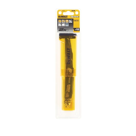 DEWALT DT2441L pack of reciprocating saw blades in yellow plastic case, suitable for cutting wood and metal.