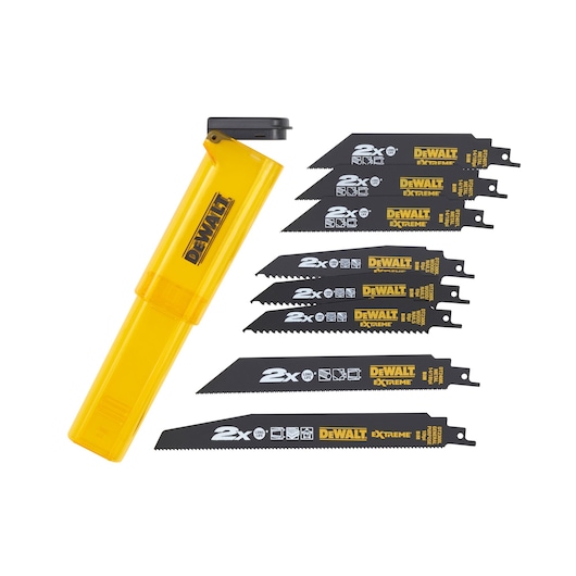 A DEWALT reciprocating saw blade set with a yellow plastic storage case and eight black saw blades labeled 'DEWALT EXTREME' in various sizes for cutting different materials.