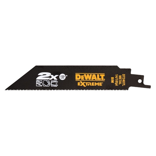 DEWALT DT2443L Extreme metal saw blade with black finish and yellow branding, rectangular shape.