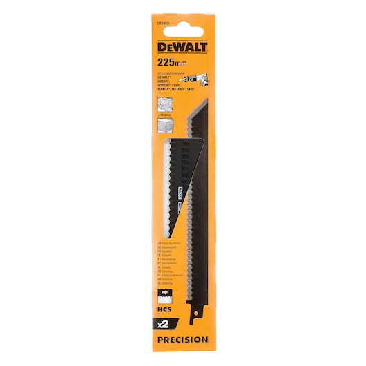 Pack of two DEWALT 225mm precision saw blades for cutting insulation materials, packaged in an orange box with branding and specifications clearly visible.