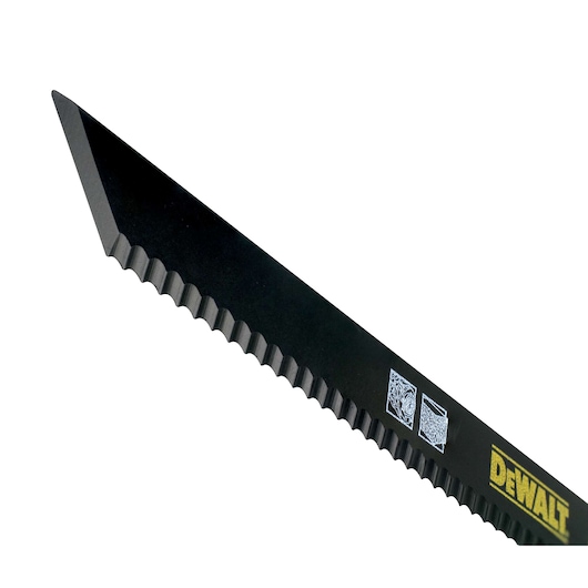 Close-up of a DEWALT DT2450 saw blade with serrated edge and angled tip, suitable for cutting tasks.