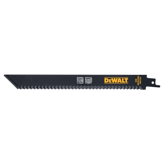 DEWALT DT2450 black reciprocating saw blade with serrated edge for cutting tasks, shown on white background.