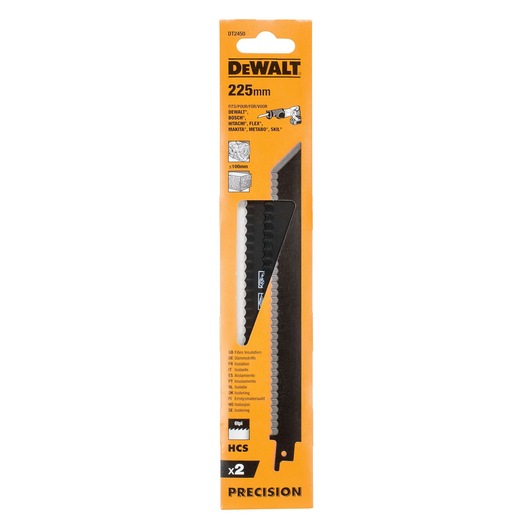 DEWALT DT2450 225mm saw blades pack, orange packaging, contains two HCS blades for precision cutting.