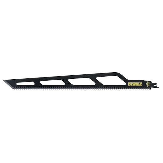 DEWALT DT2452 black reciprocating saw blade with serrated edge and branded label, designed for cutting applications.