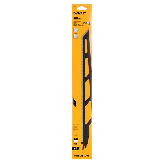 DEWALT DT2452 400mm reciprocating saw blade for wood and metal in orange packaging.