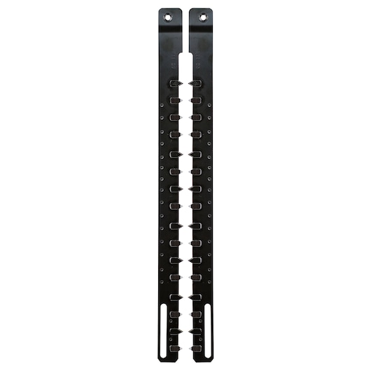 Black metal DEWALT replacement blade for hedge trimmer, two long strips with teeth and mounting holes.