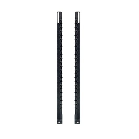 A pair of long, black, rectangular plastic guide bars with evenly spaced notches along one side, photographed on a white background.