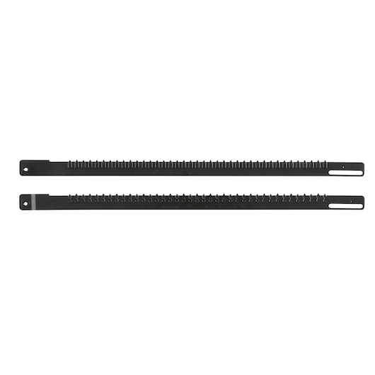Two black saw blades with teeth, shown side by side on a white background.